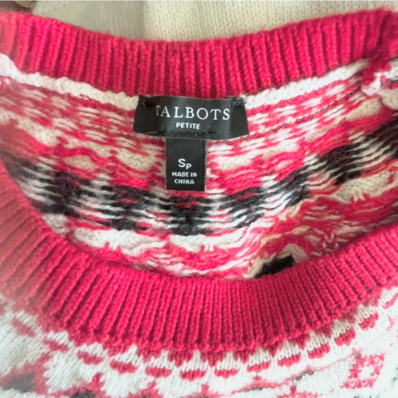 Talbots Nordic Fair Isle Yoke Soft Crewneck Sweater Cream Red Holiday Style SP - Picture 2 of 7